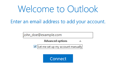 Next to "Advanced options", click the selector, select the "Let me set up my account manually" checkbox, and then click the "Connect" button.